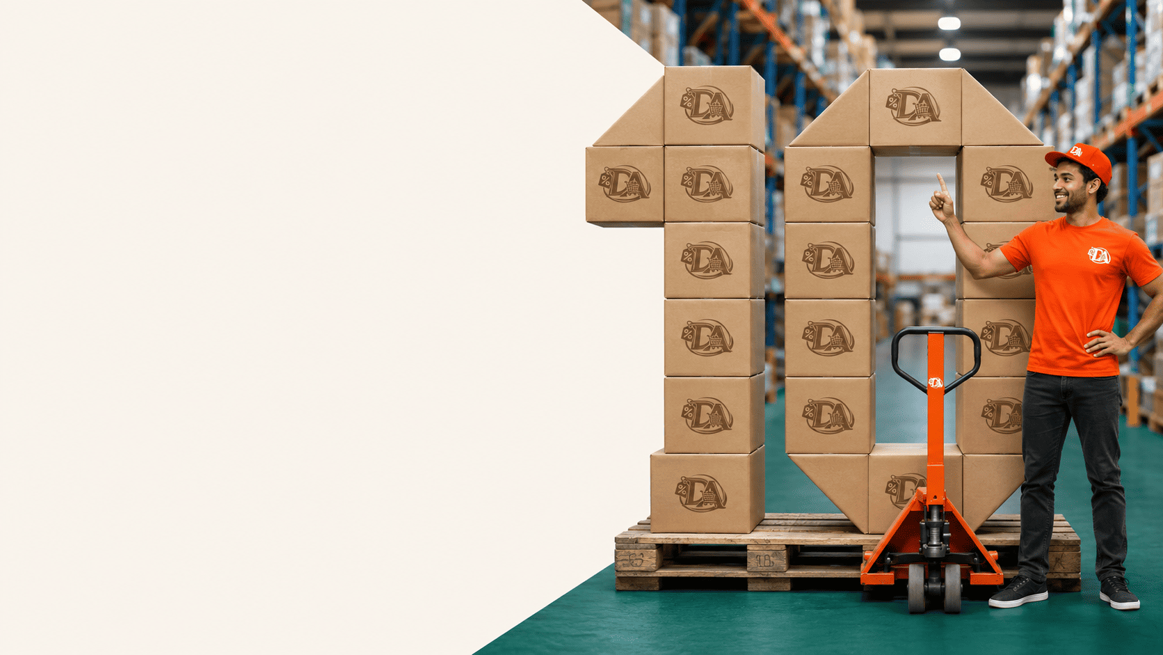Employé Destockage Alimentaire en entrepôt avec palettes de cartons