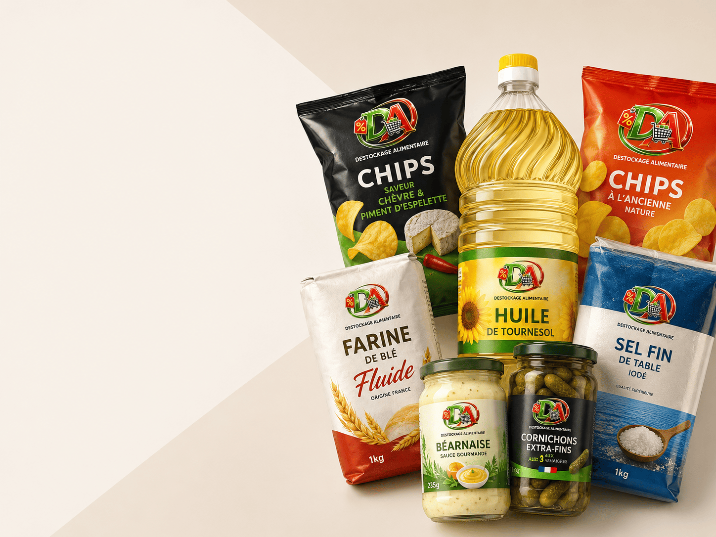 Sélection épicerie Destockage Alimentaire : farine, huile, chips, sel et condiments